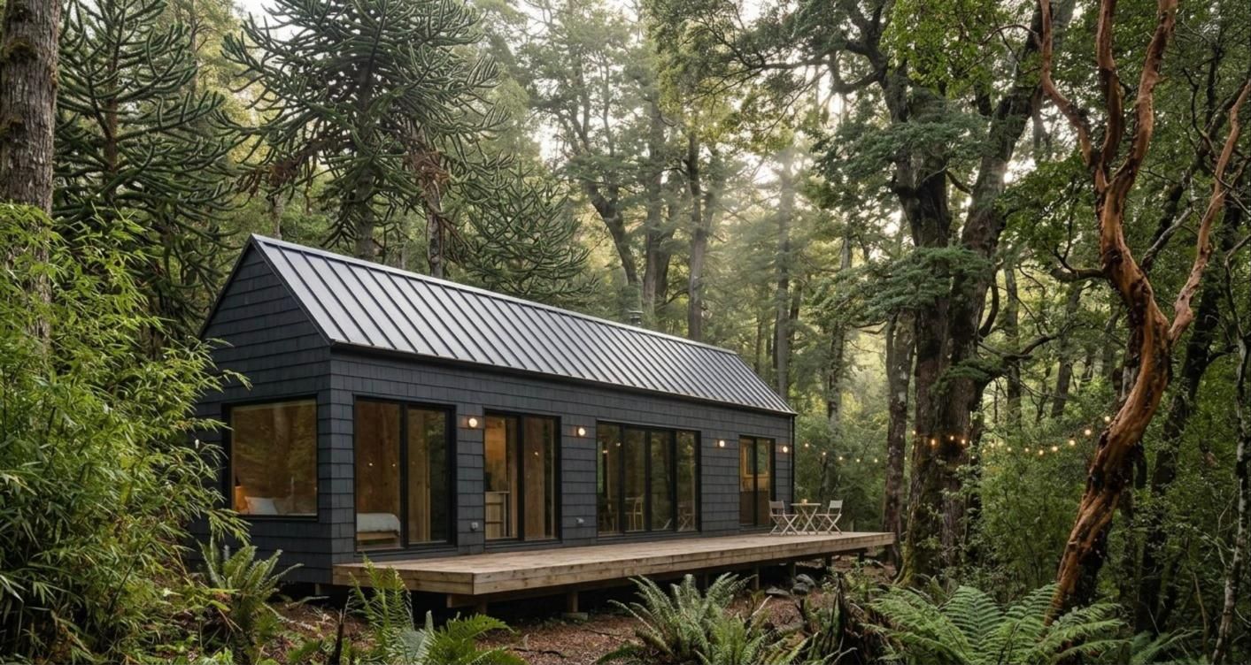 Cabaña contemporánea con terraza en medio del bosque nativo