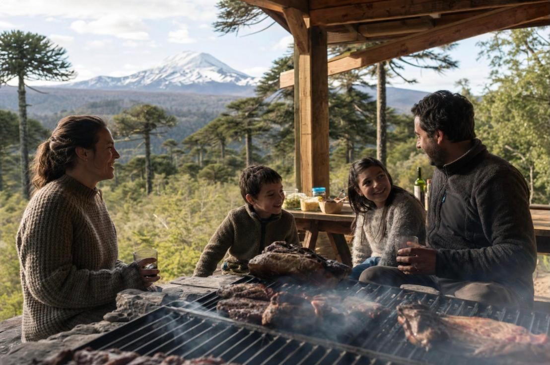 Familia en un asado con vista a la cordillera