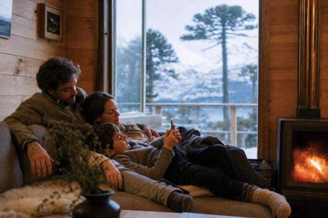 Familia junto a una estufa a leña con vista a la nieve