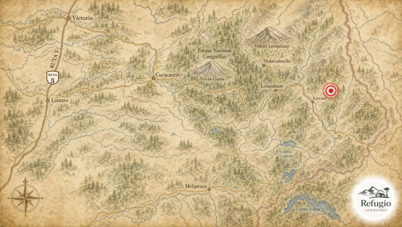 Mapa ilustrado de la ubicación de Refugio Lonquimay entre Lonquimay, Liucura y Laguna Galletué
