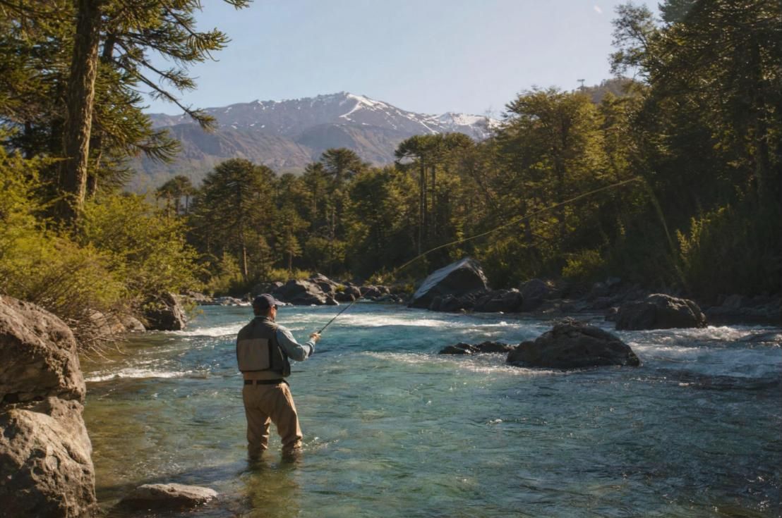 Pescador con mosca en un río cordillerano
