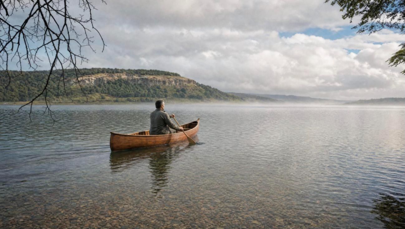 Hombre remando una canoa en el lago