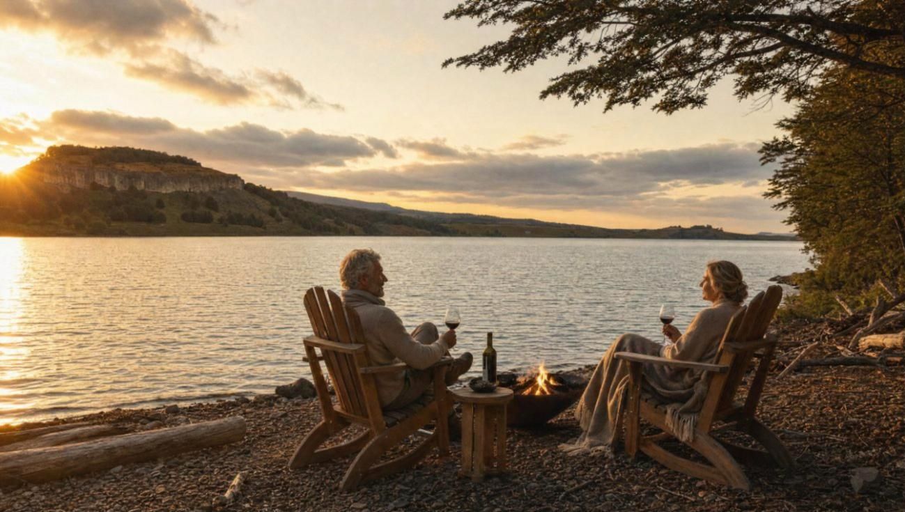 Pareja frente al lago al atardecer junto a un fogón