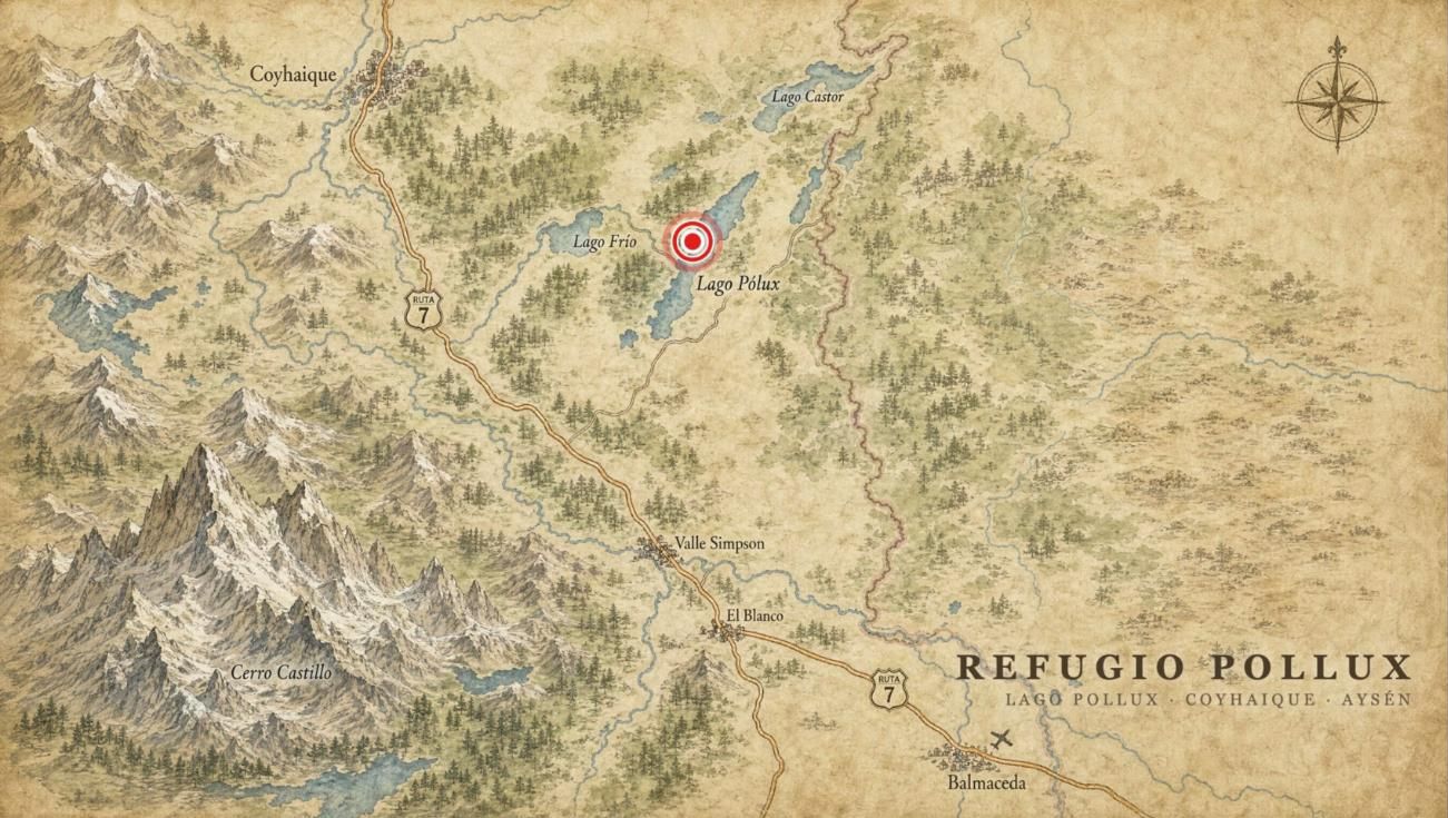 Mapa ilustrado con Coyhaique, el Lago Pollux, la Ruta 7 y Balmaceda