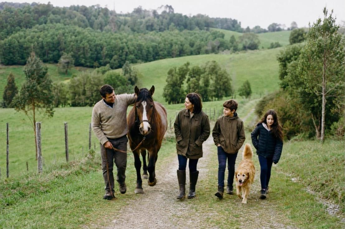 Familia caminando con un caballo por un camino rural en el sur de Chile