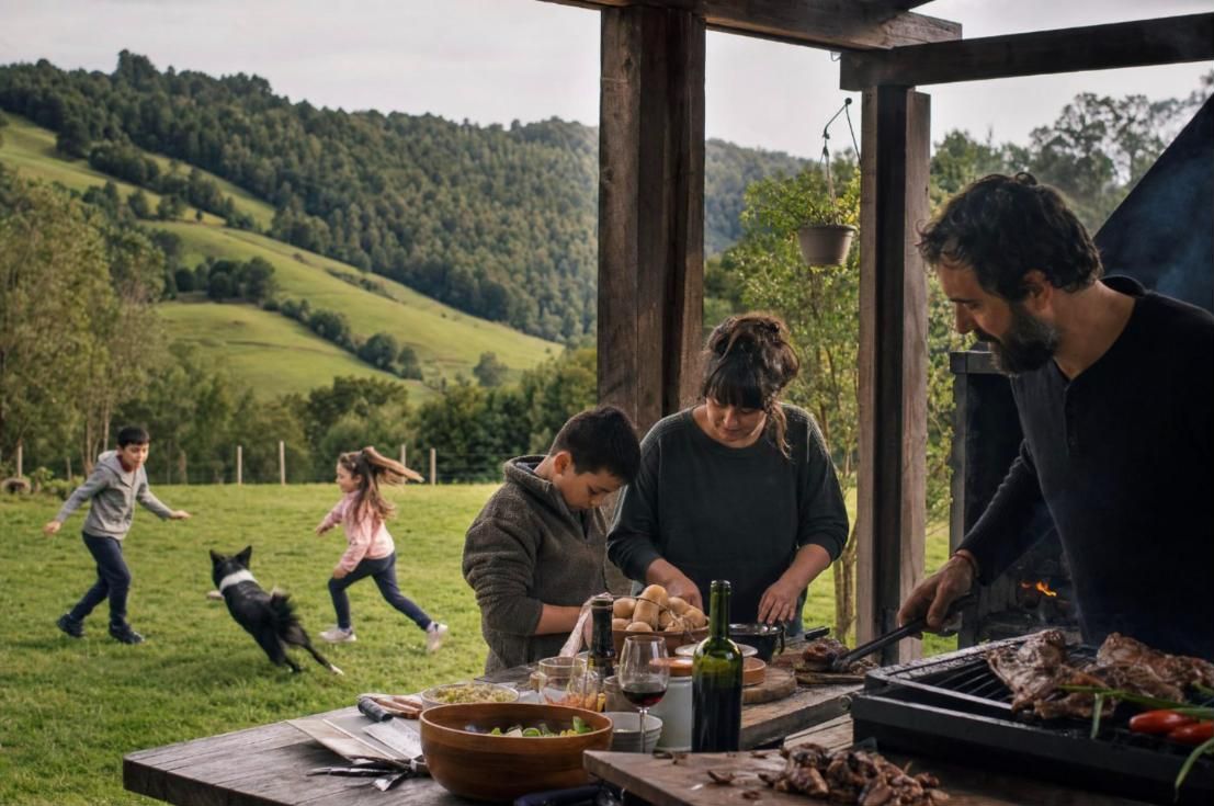 Familia preparando un asado en un quincho de campo