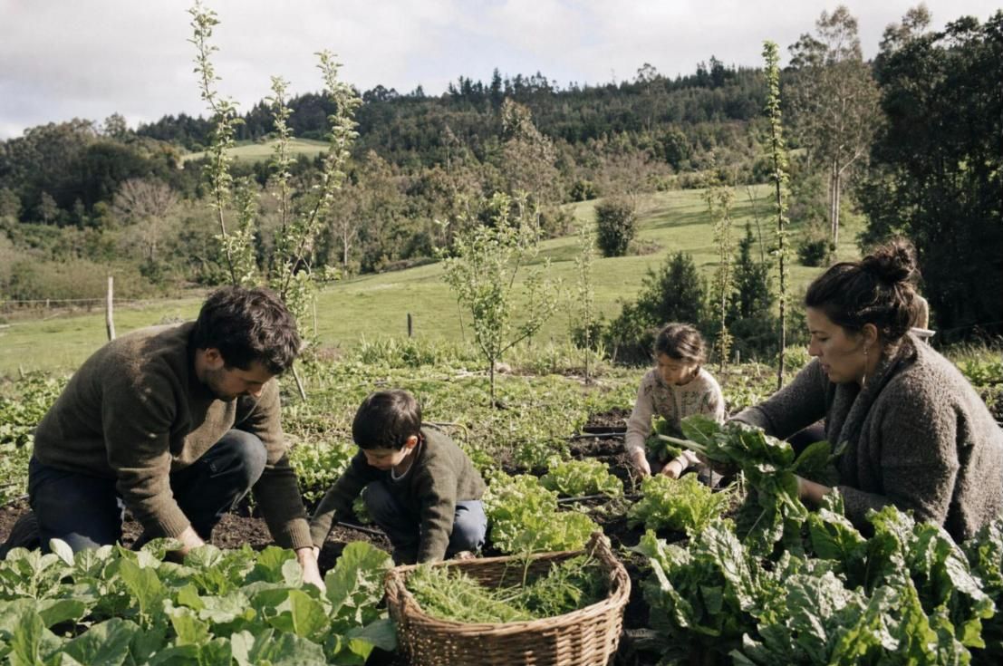 Familia cosechando verduras en un huerto