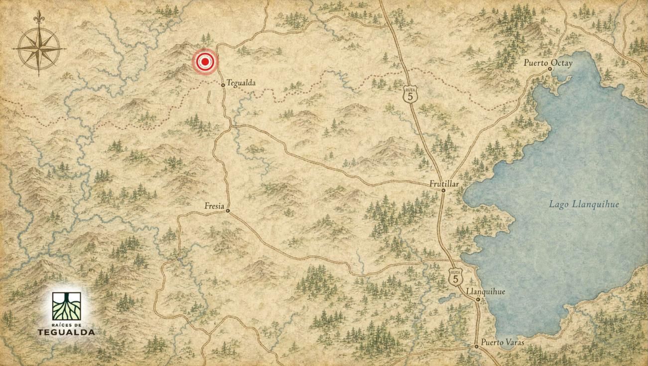 Mapa ilustrado con Tegualda, Fresia, Frutillar y el Lago Llanquihue